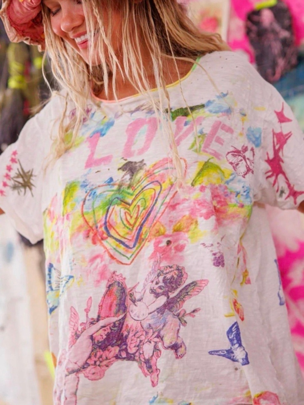 Magnolia Pearl White Short Sleeve Tee with Multicolor LOVE and Cherub Prints